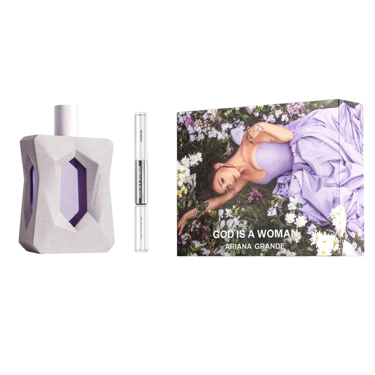 ARIANA GRANDE GOD IS A WOMAN 2 PCS SET: 3.4 EAU DE PARFUM SPRAY + ROLLERBALL DUO 0.17 EAU DE PARFUM + 0.17 PARFUM